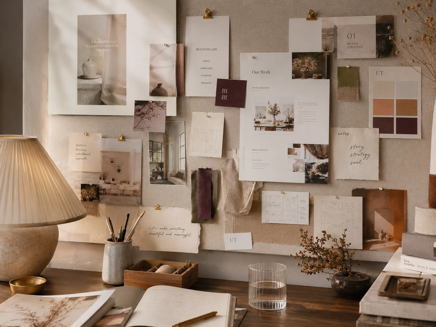 Warm editorial branding workspace